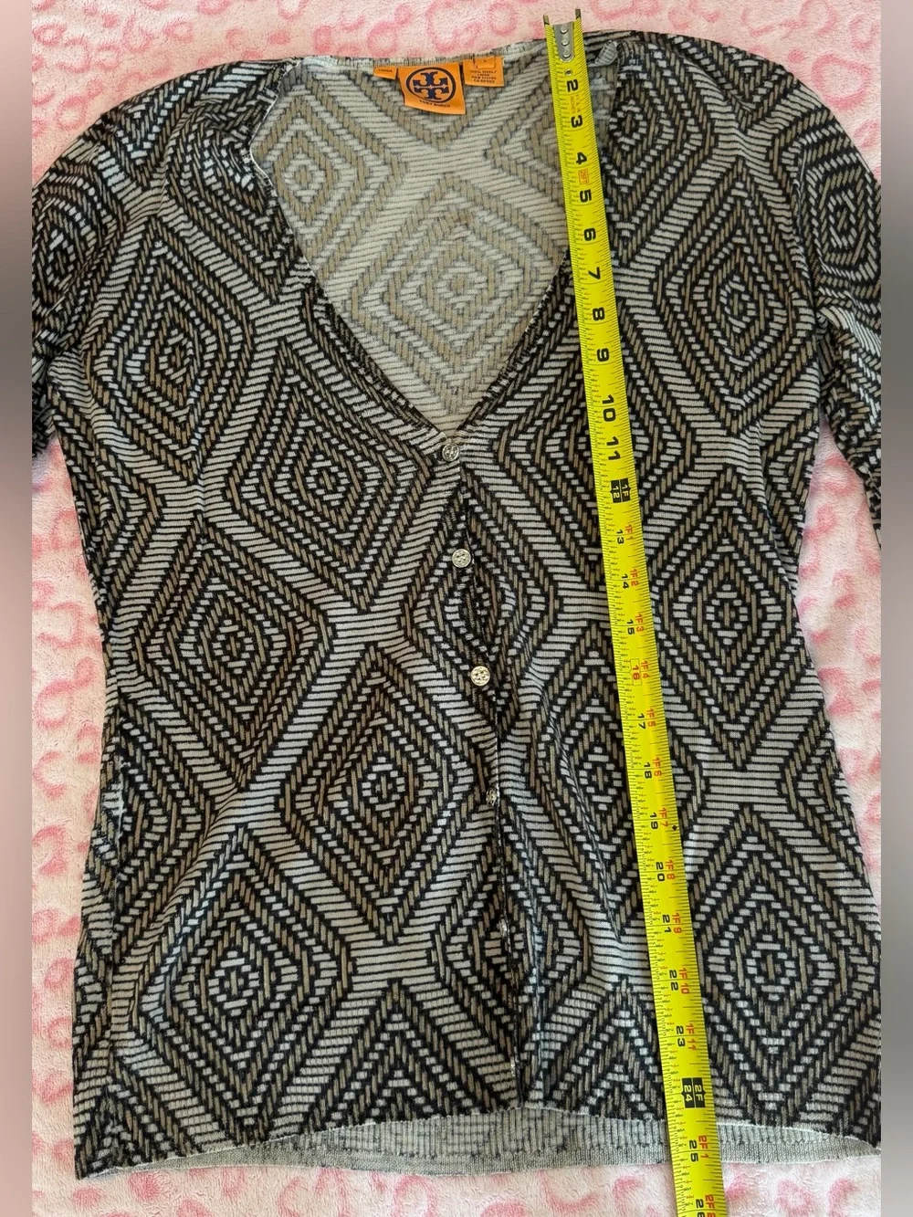 Tory Burch Button Up Cardigan Women’s Geometric  Sleeve Stretch 100% Wool Size:L